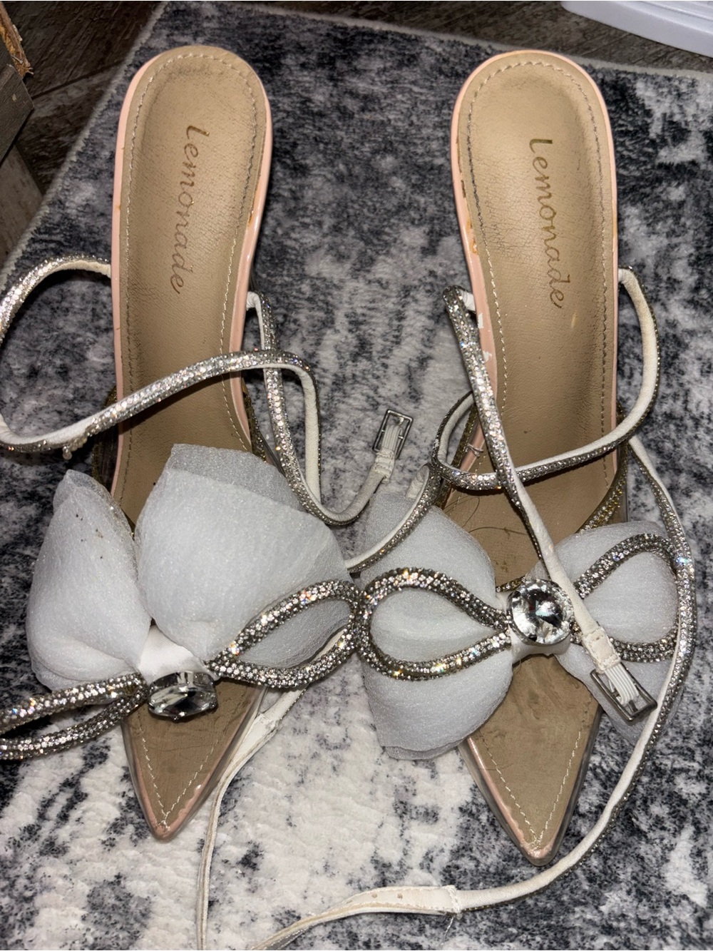 Lemon White Crystal Bow Pointed Heels with Rhinestone Straps